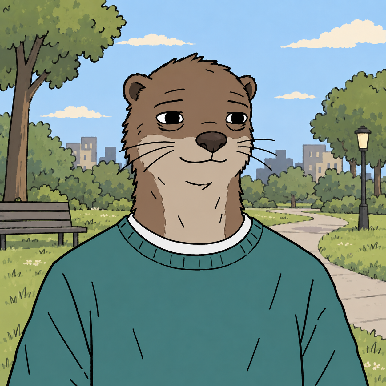 Ottma, a relaxed cartoon otter in a teal sweater, standing in a sunny park